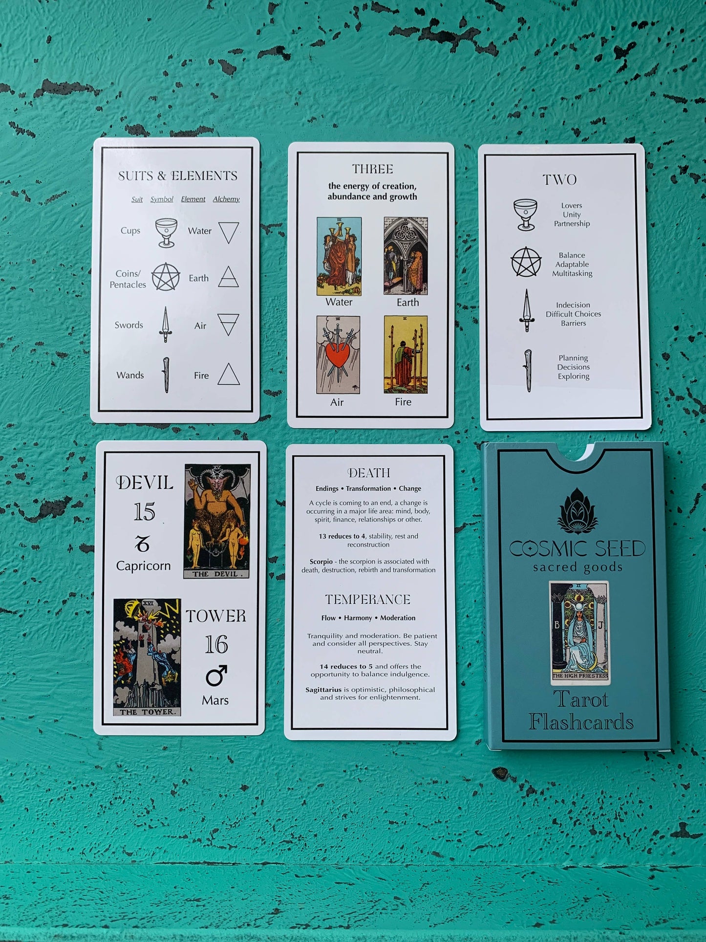 Indie tarot flashcards for learning tarot meanings created by Myth Weaver Tarot artist
