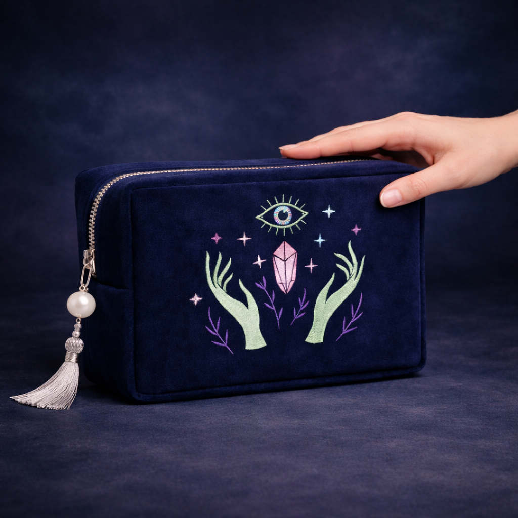 Navy blue pouch with embroidered design of hands holding a crystal and an eye, held by a hand against a dark background.