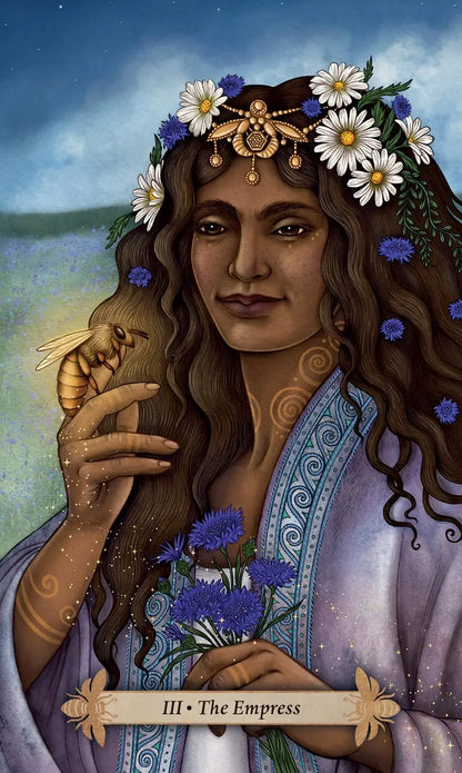 Bee Tarot by Kristoffer Hughes featuring beautiful bee-inspired artwork, honeycomb symbolism, nature themes, and a full-colour companion guidebook.