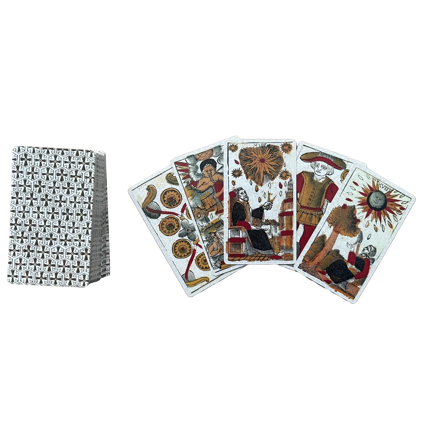 Set of playing cards with decorative designs on a white background