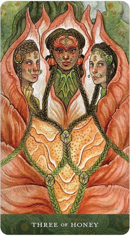 Blood Moon Tarot deck by Sam Guay with burgundy edged tarot cards and hardcover guidebook.