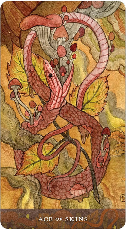 Blood Moon Tarot deck by Sam Guay with burgundy edged tarot cards and hardcover guidebook.
