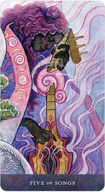 Blood Moon Tarot deck by Sam Guay with burgundy edged tarot cards and hardcover guidebook.