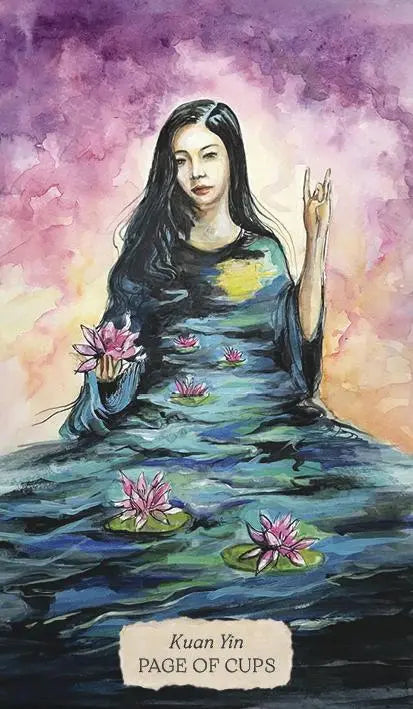 Artistic depiction of a woman holding water lilies with a colorful background, labeled 'Page of Cups' by Kuan Yin.