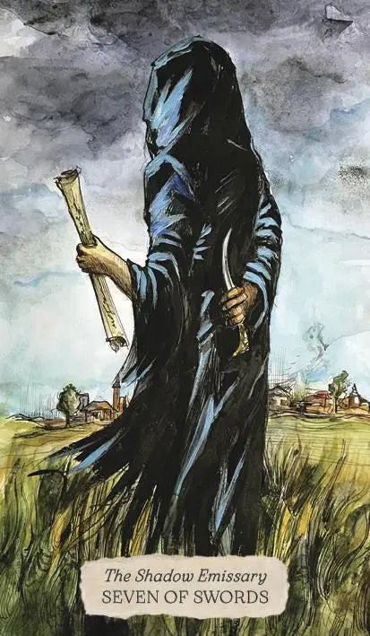 Dark figure holding a sword and a scroll in a field with 'The Shadow Emmissary' and 'Seven of Swords' text.