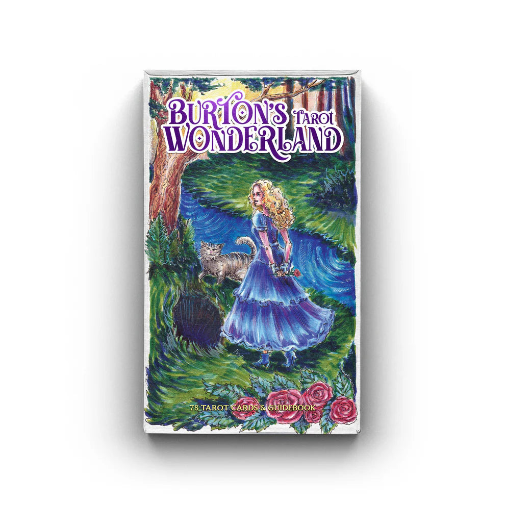 Card  box titled 'Burton's Tarot Wonderland' with a colorful illustration of a woman in a forest.