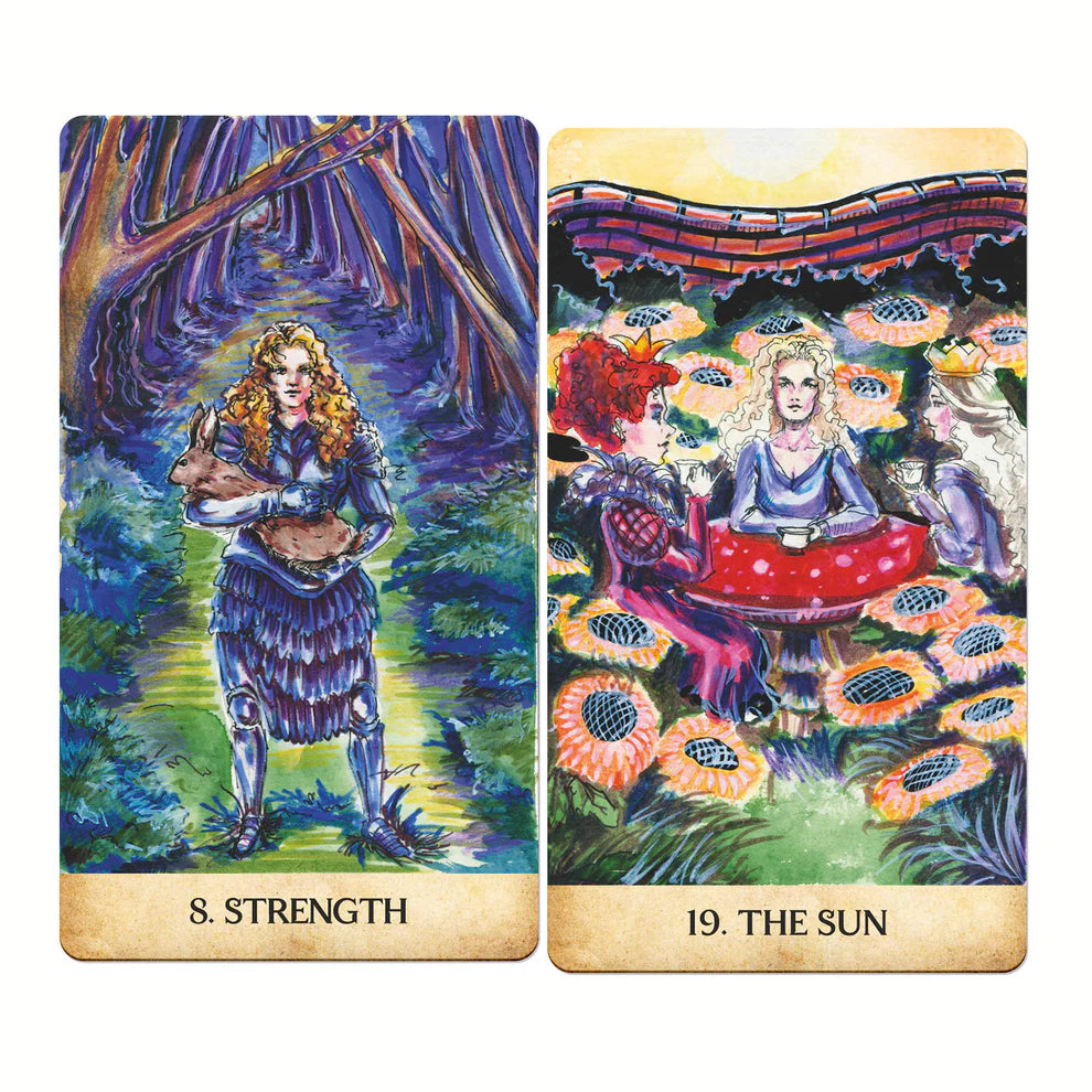 Two tarot cards titled 'Strength' and 'The Sun' with colorful illustrations of women in nature settings.