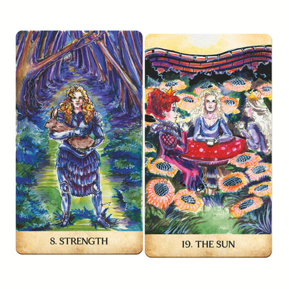 Two tarot cards titled 'Strength' and 'The Sun' with colorful illustrations of women in nature settings.