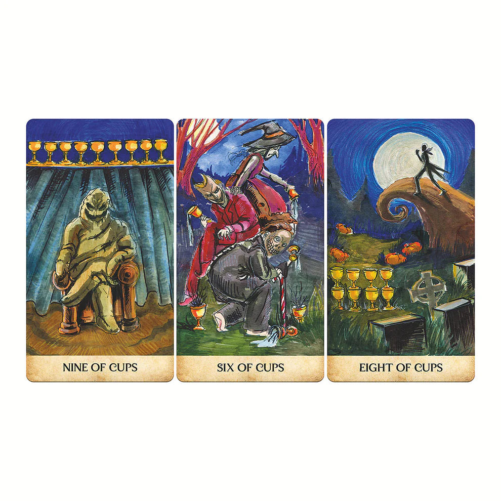 Three tarot cards titled 'Nine of Cups', 'Six of Cups', and 'Eight of Cups' on a white background.