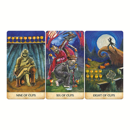Three tarot cards titled 'Nine of Cups', 'Six of Cups', and 'Eight of Cups' on a white background.