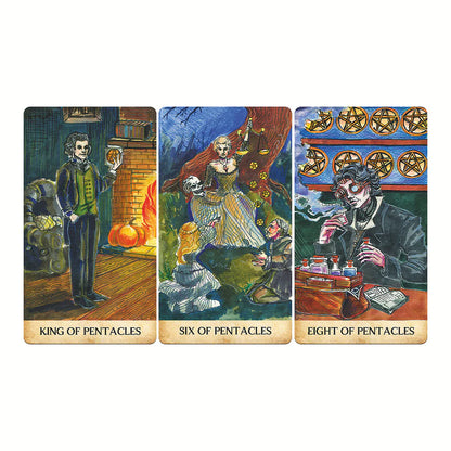 Three tarot cards titled 'King of Pentacles', 'Six of Pentacles', and 'Eight of Pentacles' on a white background.