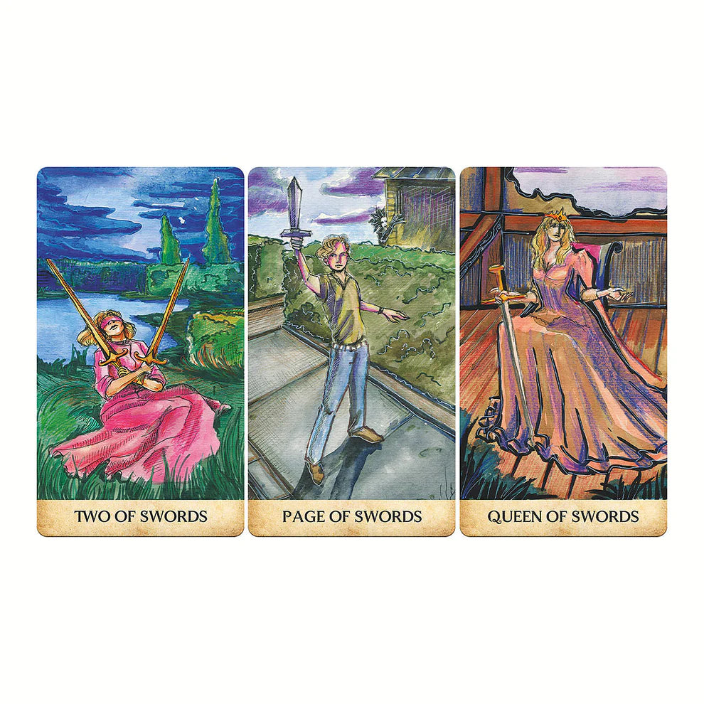 Three tarot cards titled 'Two of Swords', 'Page of Swords', and 'Queen of Swords' on a white background.