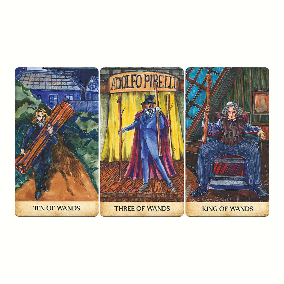 Three tarot cards titled 'Ten of Wands', 'Three of Wands', and 'King of Wands' with artistic illustrations.