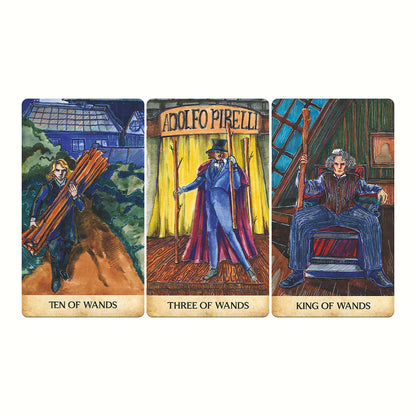 Three tarot cards titled 'Ten of Wands', 'Three of Wands', and 'King of Wands' with artistic illustrations.