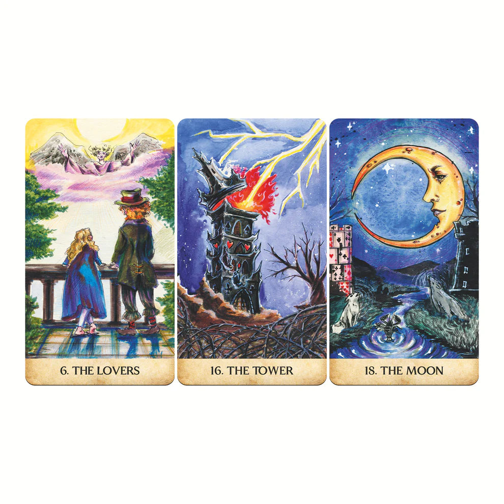 Three tarot cards titled 'The Lovers', 'The Tower', and 'The Moon' on a white background.