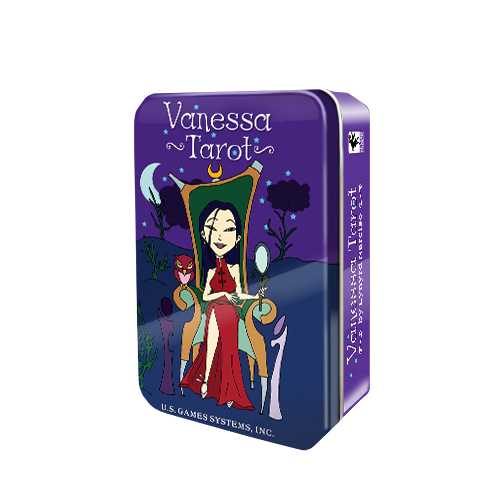 Vanessa Tarot card set packaging with a purple lid and colorful design on a white background
