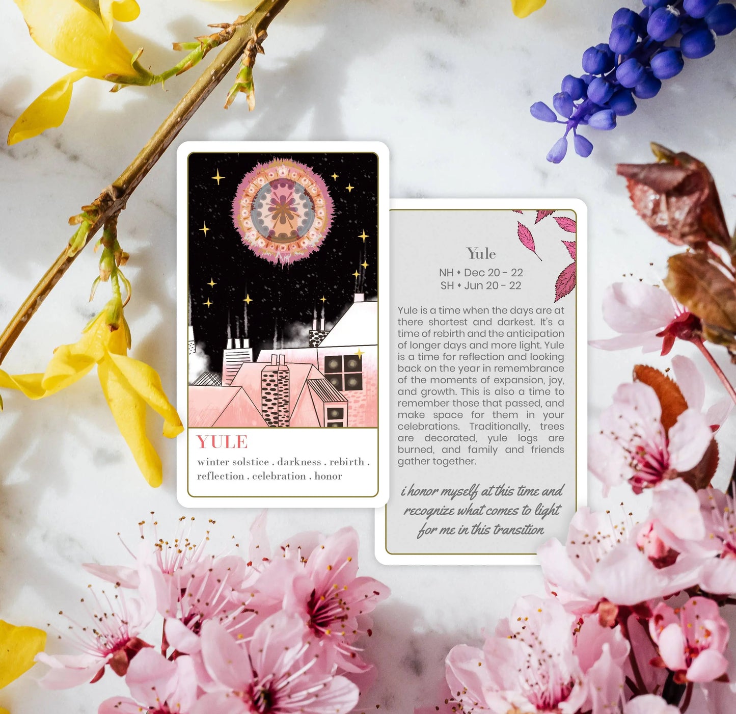 Tarot card featuring a colorful design with text and floral elements on a white background Wanderlust collection oracle deck