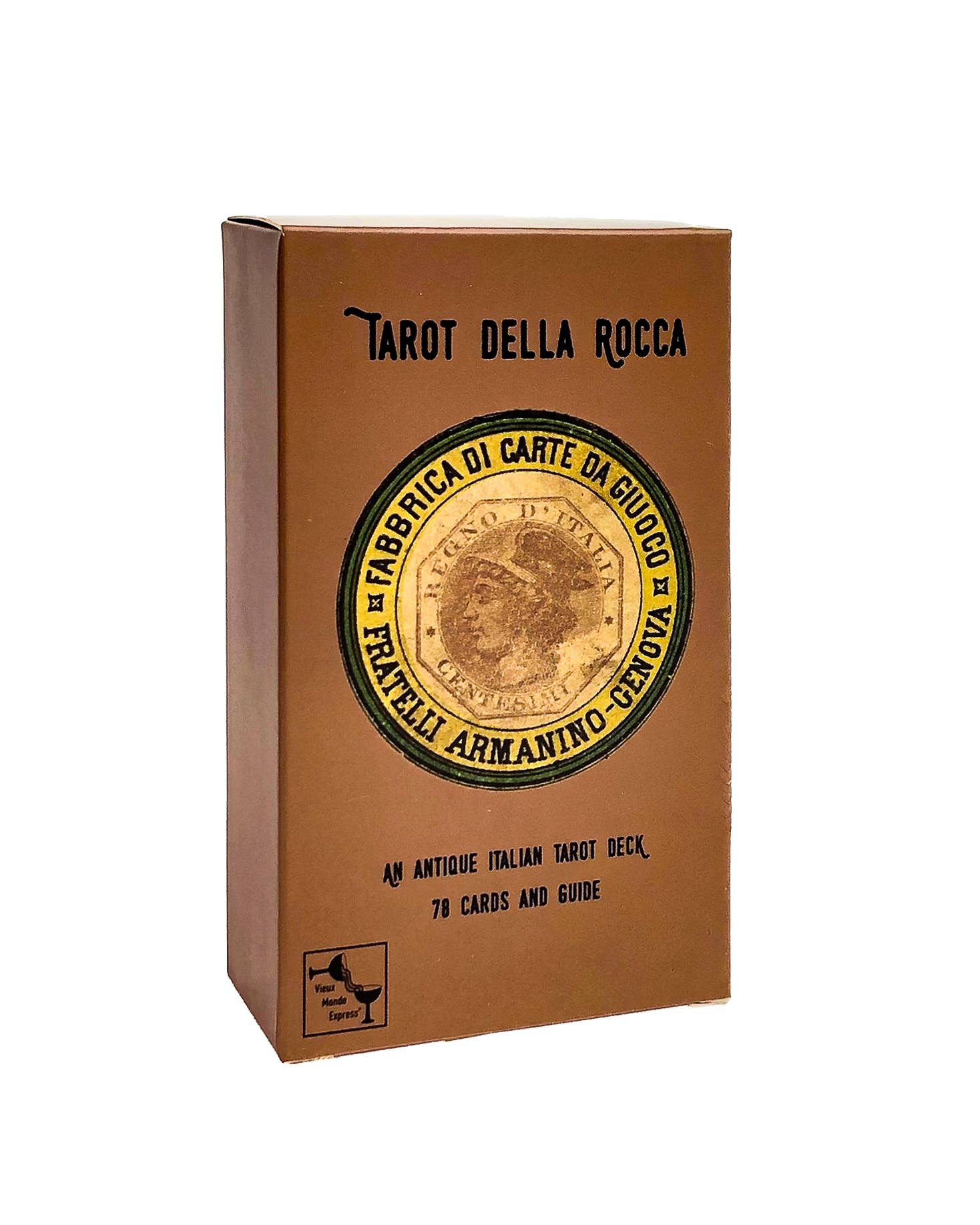 Brown box with Tarot della Rocca branding and vintage design elements on a white background Tarot Della Rocca historical Italian tarot deck based on Carlo Della Rocca's nineteenth-century Tarocco Sopraffino with 78 beautifully engraved cards and companion guide.