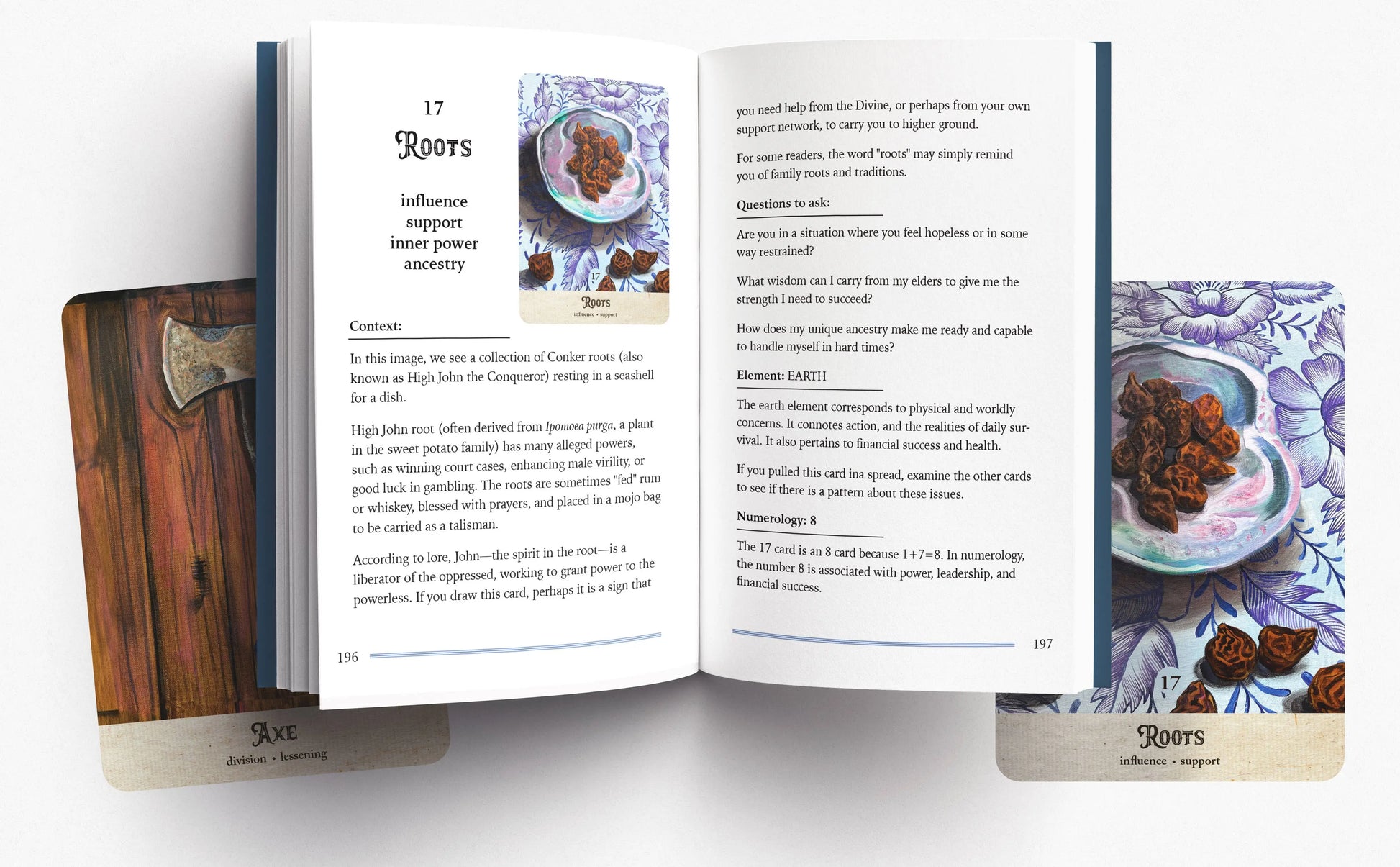 Open book with tarot card-style spreads on a white background