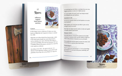 Open book with tarot card-style spreads on a white background