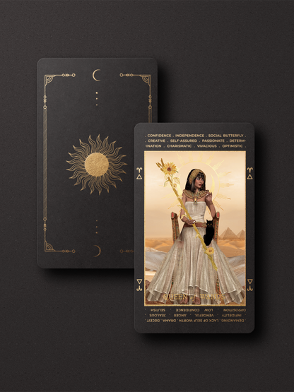 Two tarot cards displayed on a dark background, showing both the back design with a gold sun and crescent moon on black, and the front 'The Sun' card featuring an illustration of a woman in a white dress holding a golden sunflower.