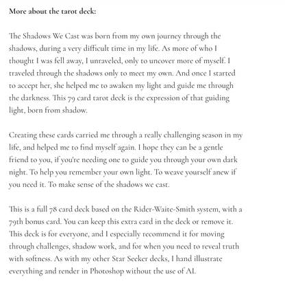 Shadows We Cast Tarot deck by Nicky Ferrada indie tarot with emotional artwork and shadow work theme