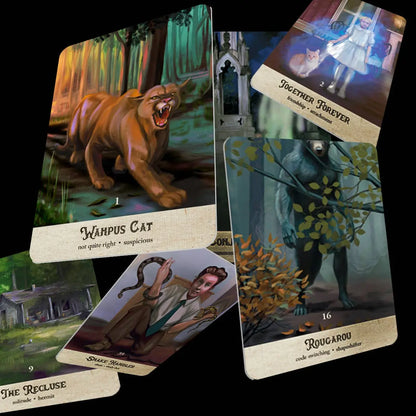 Collage of tarot cards with various illustrations and text on a black background