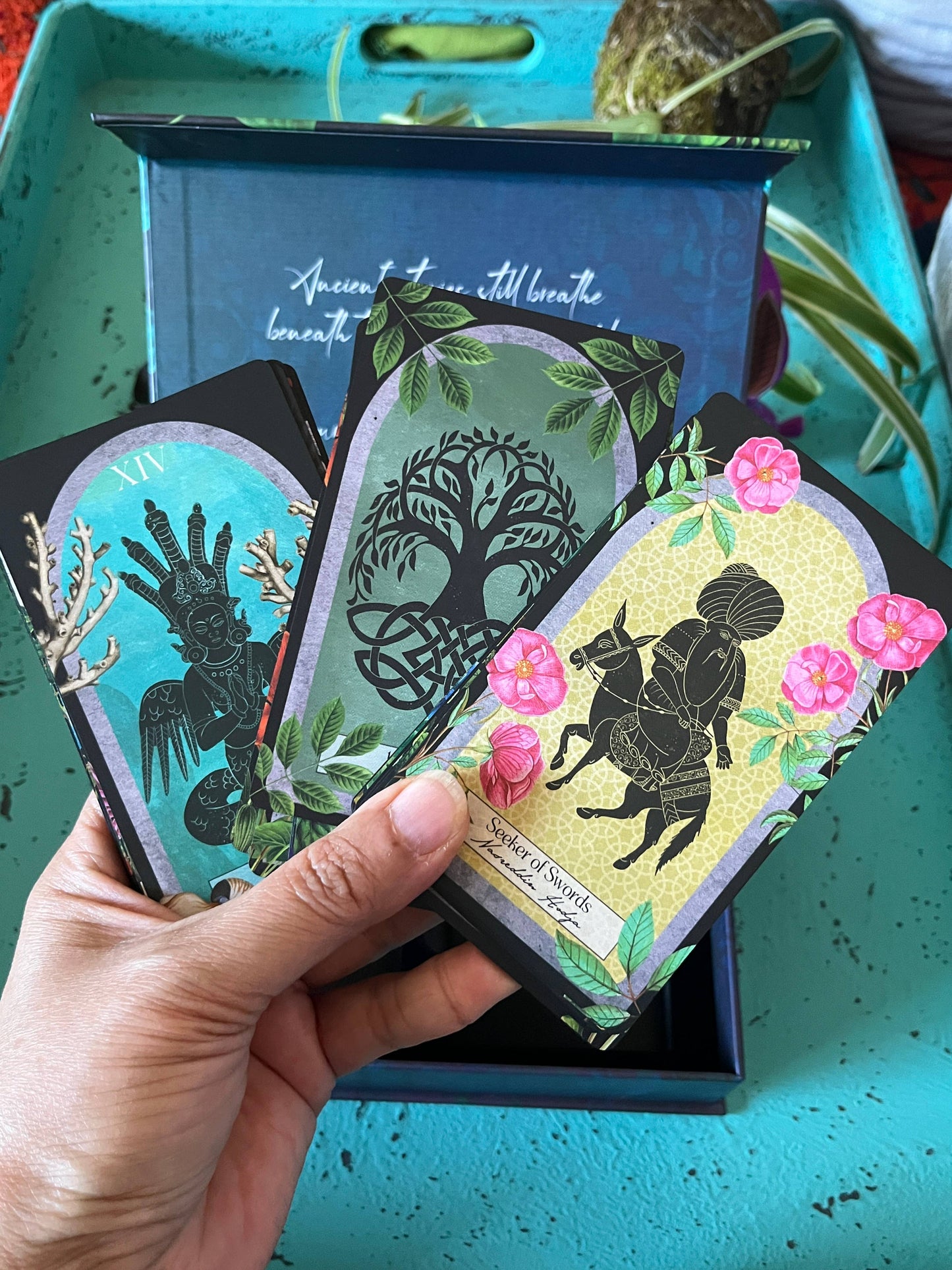 Myth Weaver Tarot deluxe set with cards, hardcover Codex book and magnetic box.