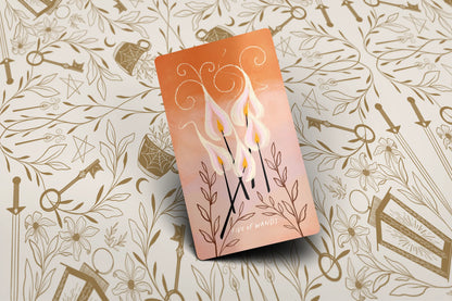 tarot card 5 of wands with decorative cover on a patterned background
