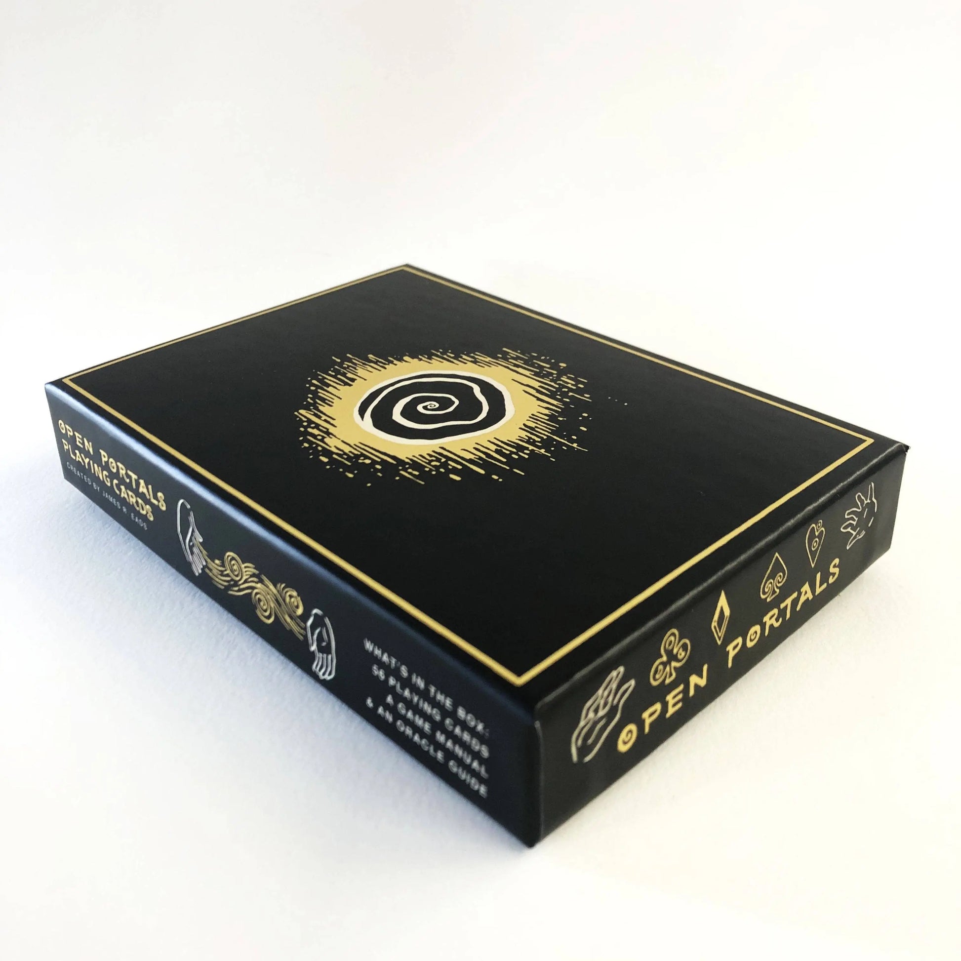 Black box with gold text and design on a white background