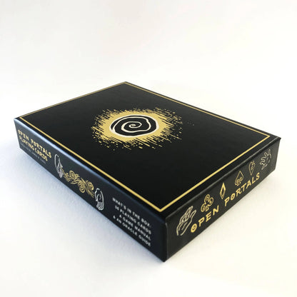 Black box with gold text and design on a white background