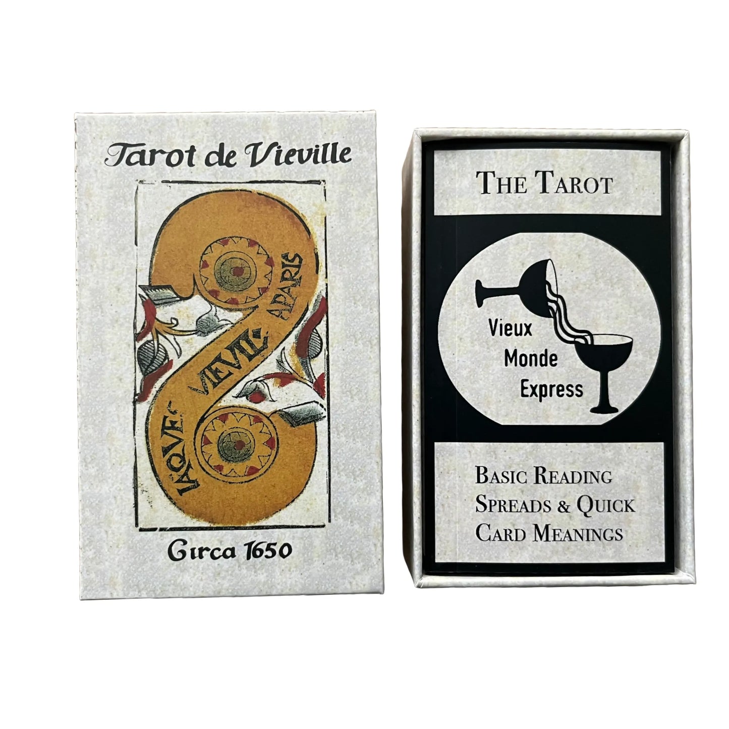 Two tarot card boxes with vintage design elements on a white background