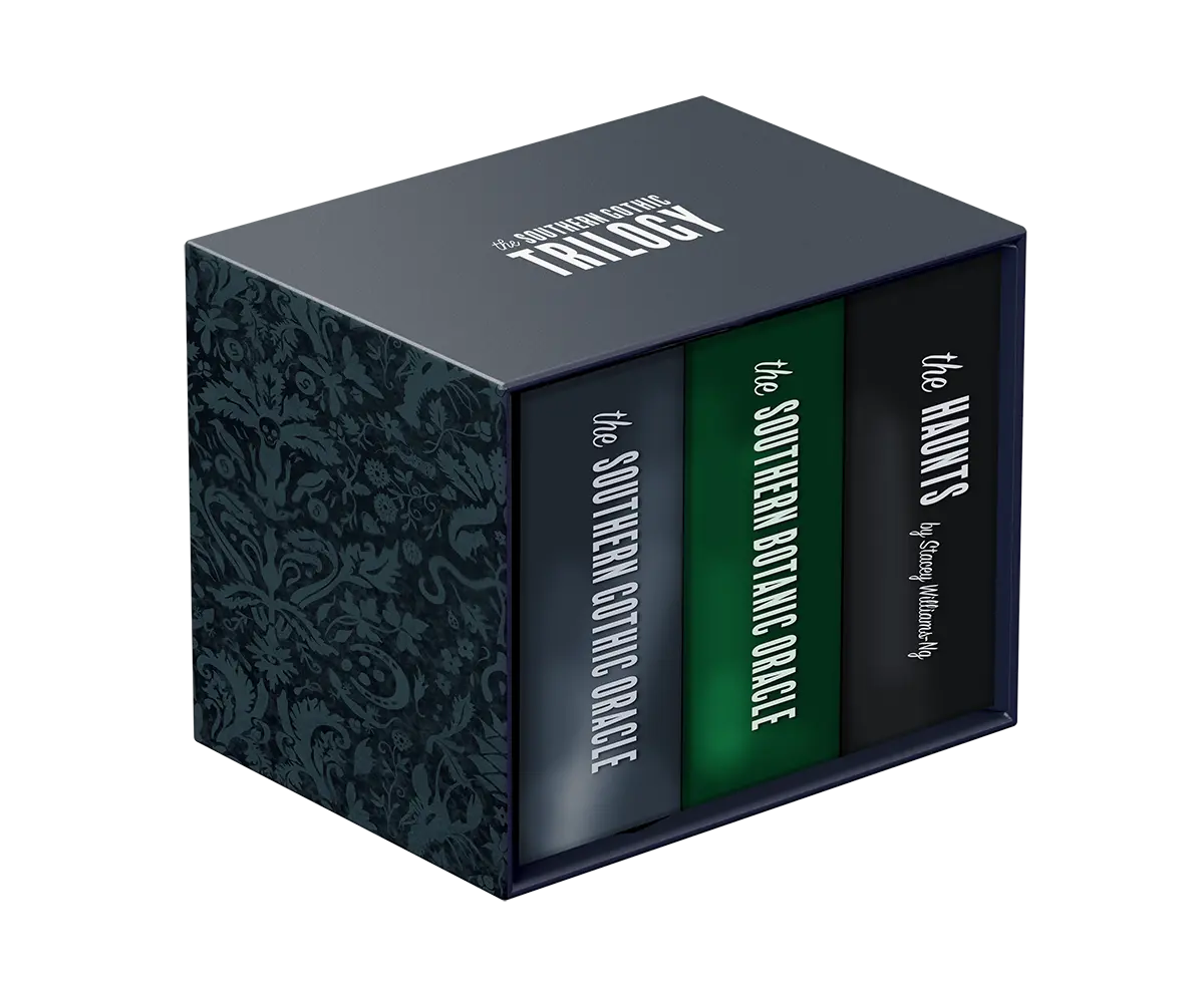 Book set titled 'The Southern gothic Trilogy' oracle card decks in a decorative box on a white background