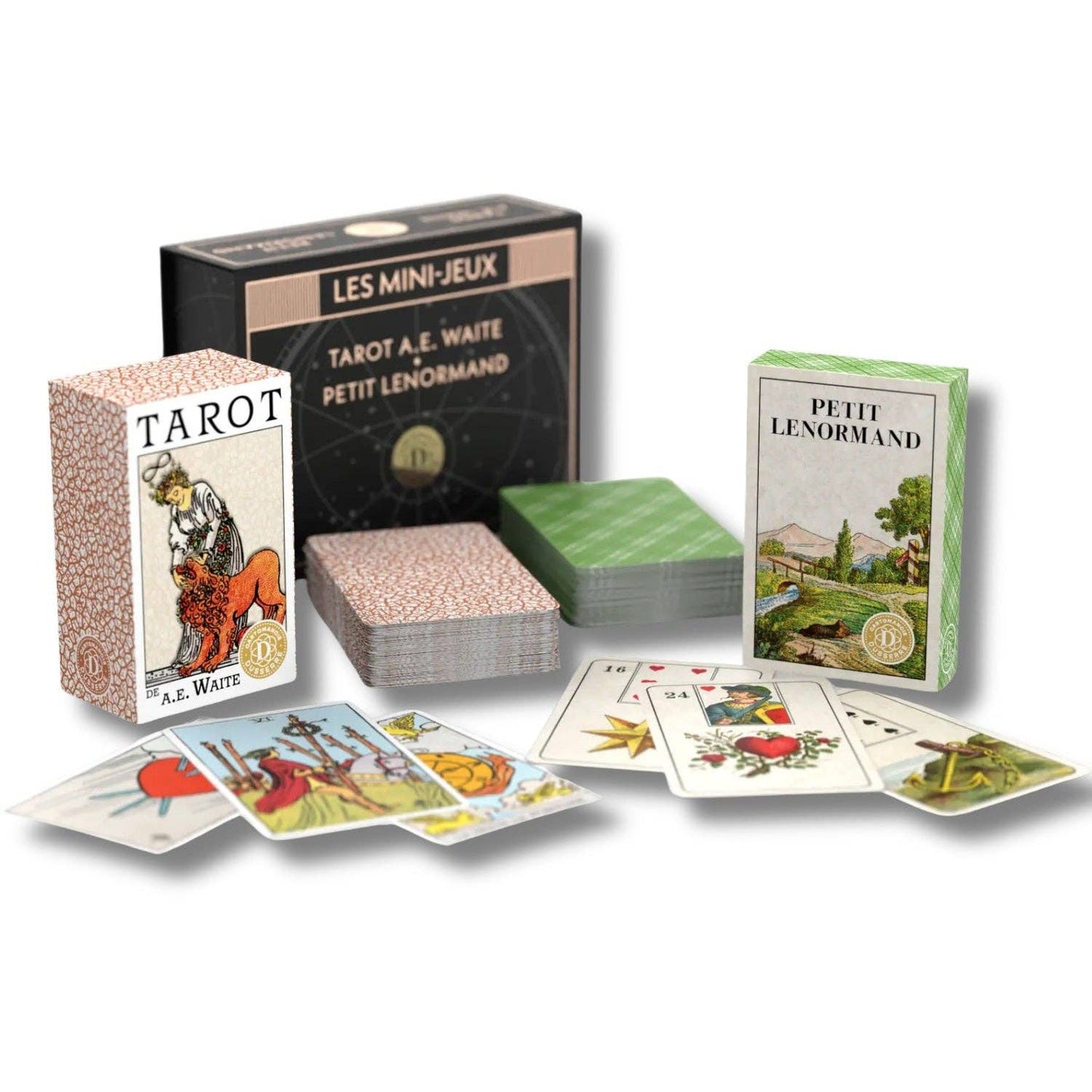 Collection of tarot and lenormand cards with their packaging on a white background