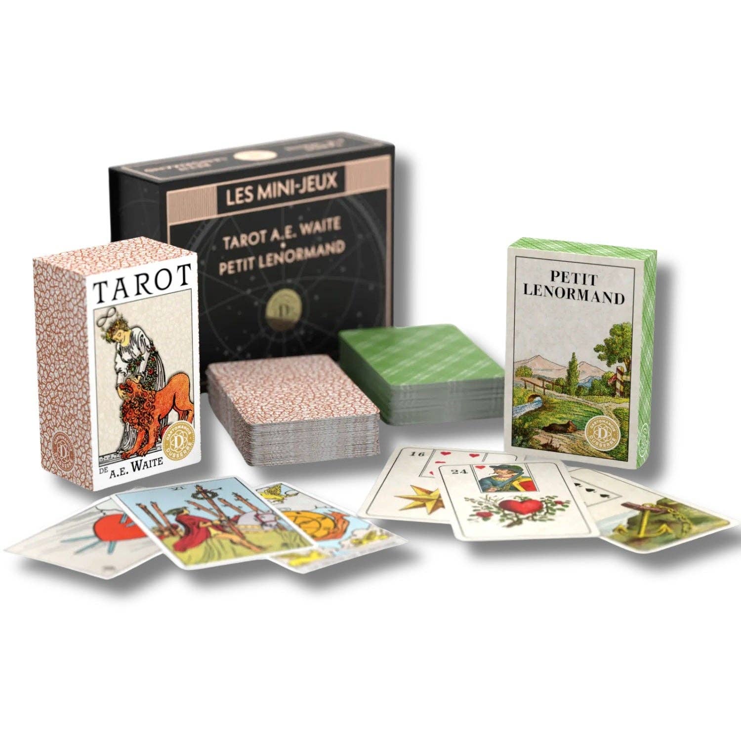 Collection of tarot and lenormand cards with their packaging on a white background
