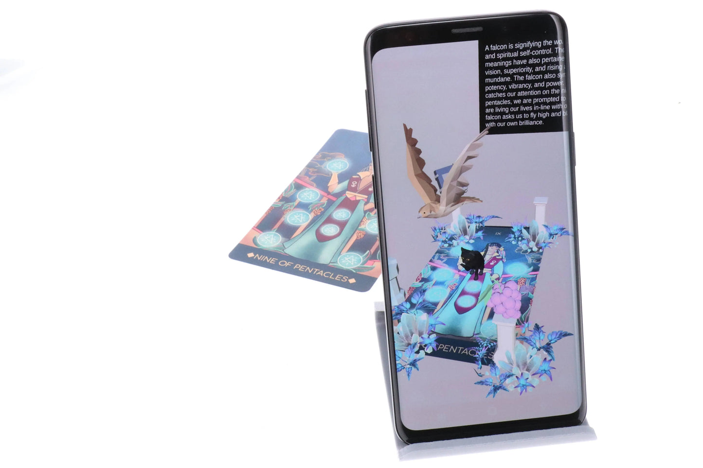 Smartphone displaying a colorful graphic with a character and text on a white background