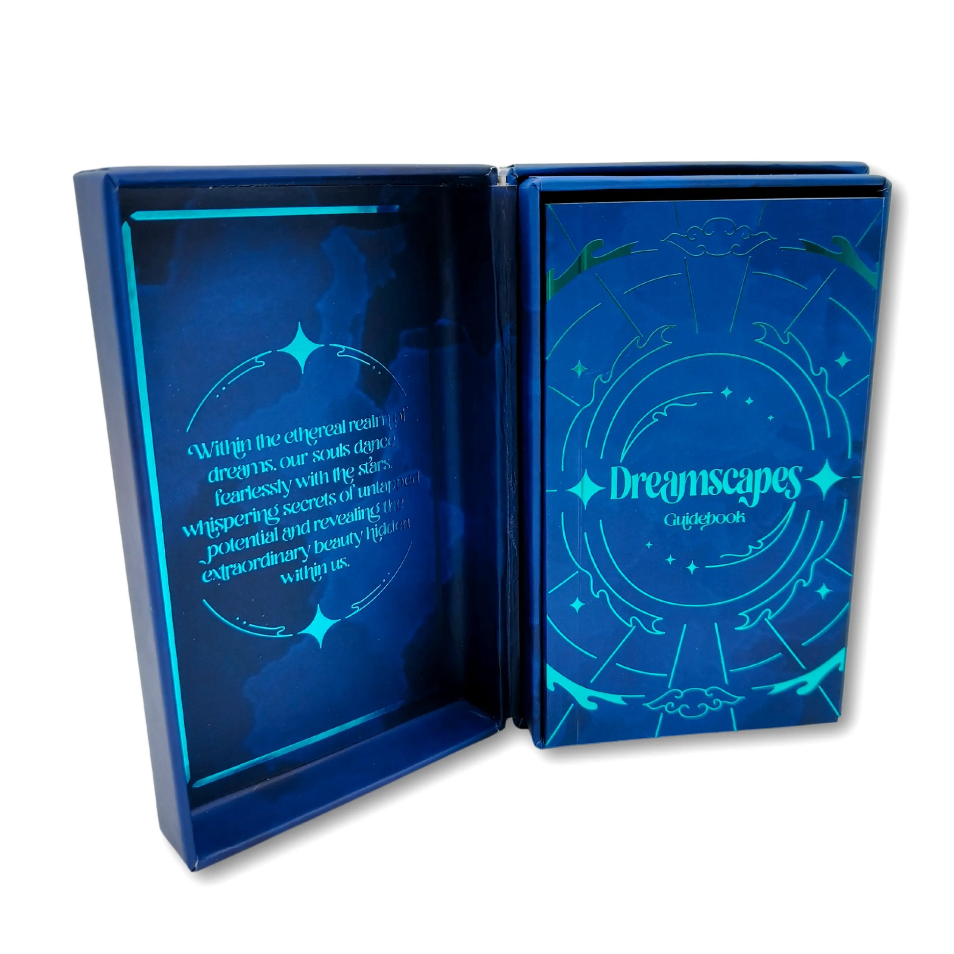 Blue box with 'Dreamscapes' design on a white background