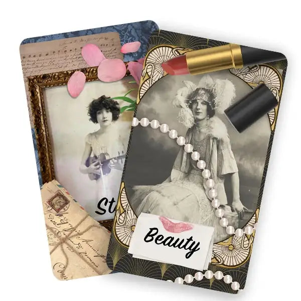 Two vintage-style cards with old photographs and decorative elements on a white background.