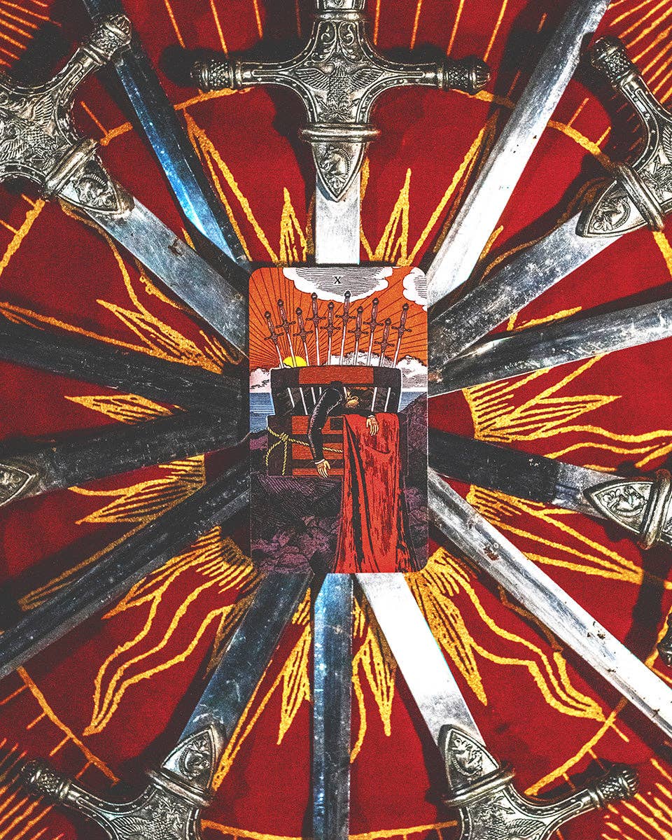 Decorative design with crossed swords on a red background