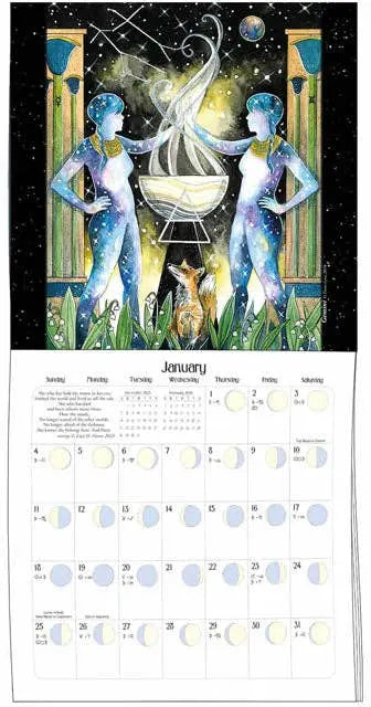 Calendar with artistic design of two figures and a cat against a starry night sky.