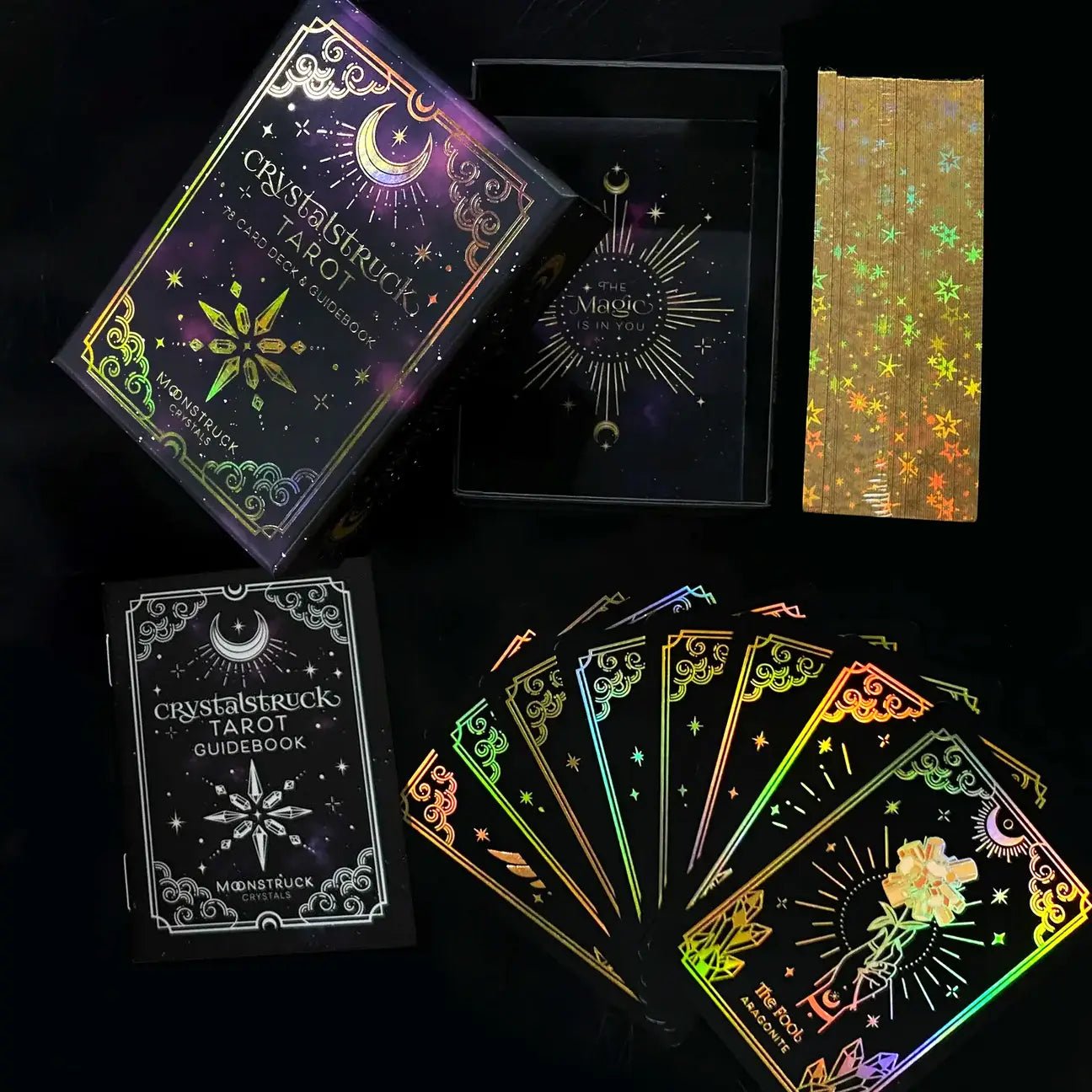 Mini Crystalstruck Tarot Gold Edition pocket tarot deck with gold holographic details.