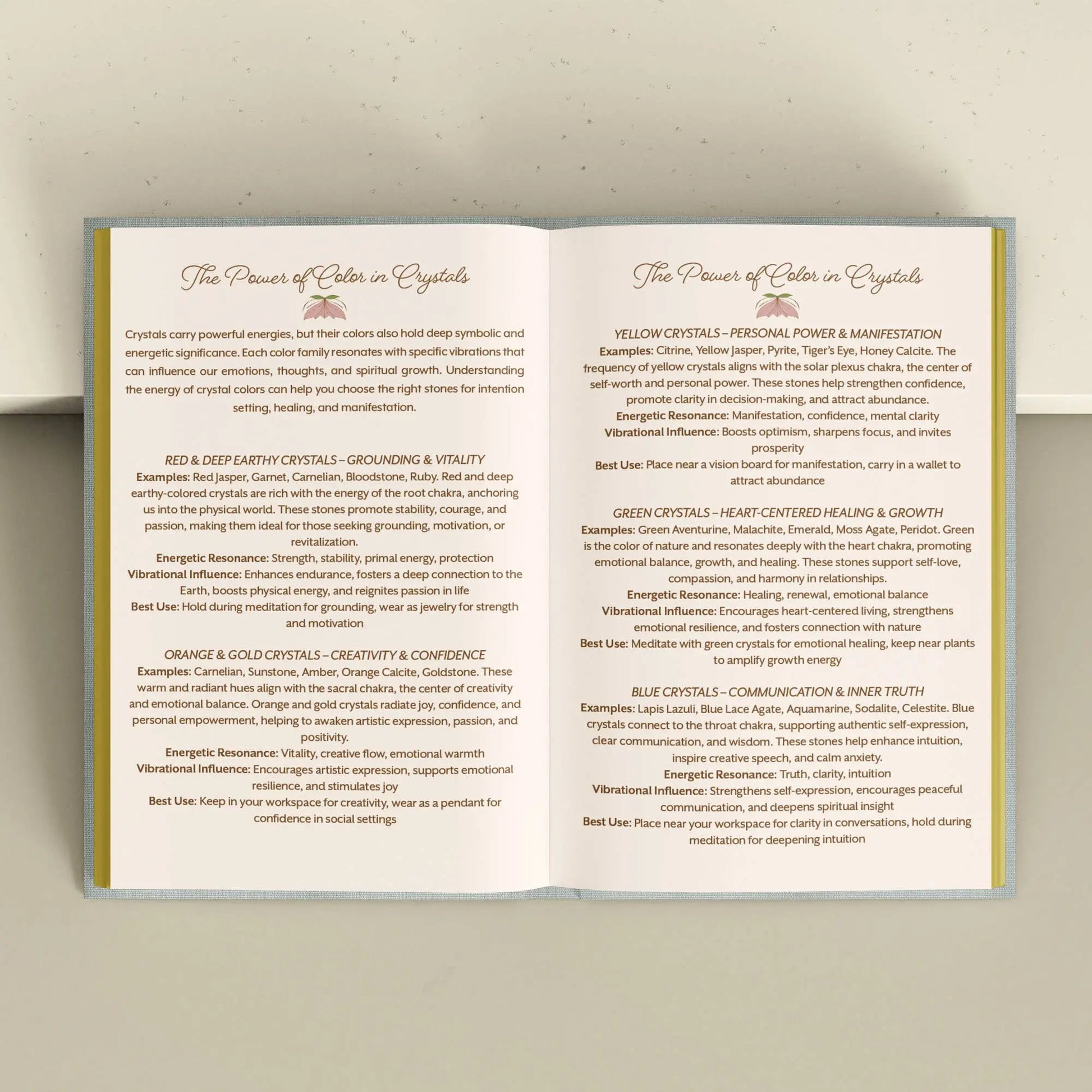 Open book with crystal energy information on a neutral background Crystal companion journal by Bouchette and Co available from Oneness Emporium