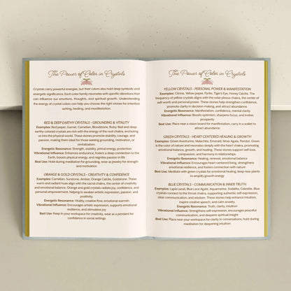 Open book with crystal energy information on a neutral background Crystal companion journal by Bouchette and Co available from Oneness Emporium
