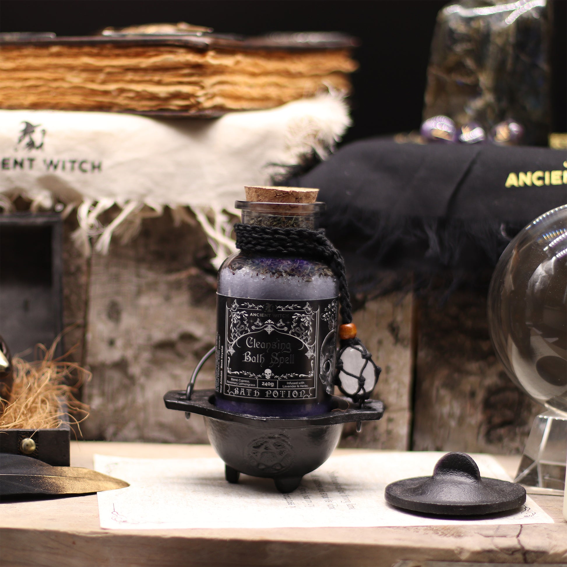 Decorative potion bottle with witch-themed background