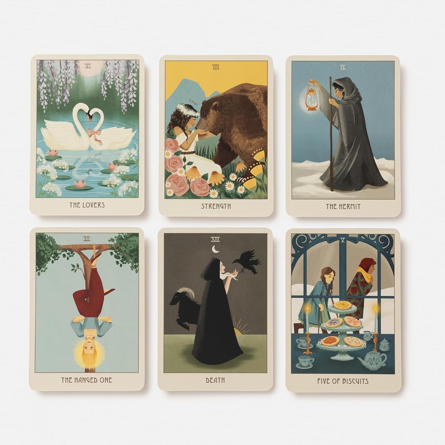 Set of six tarot cards with illustrated scenes and card names.