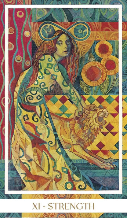 Colorful tarot card featuring a woman with a lion, labeled 'XI. Strength'.