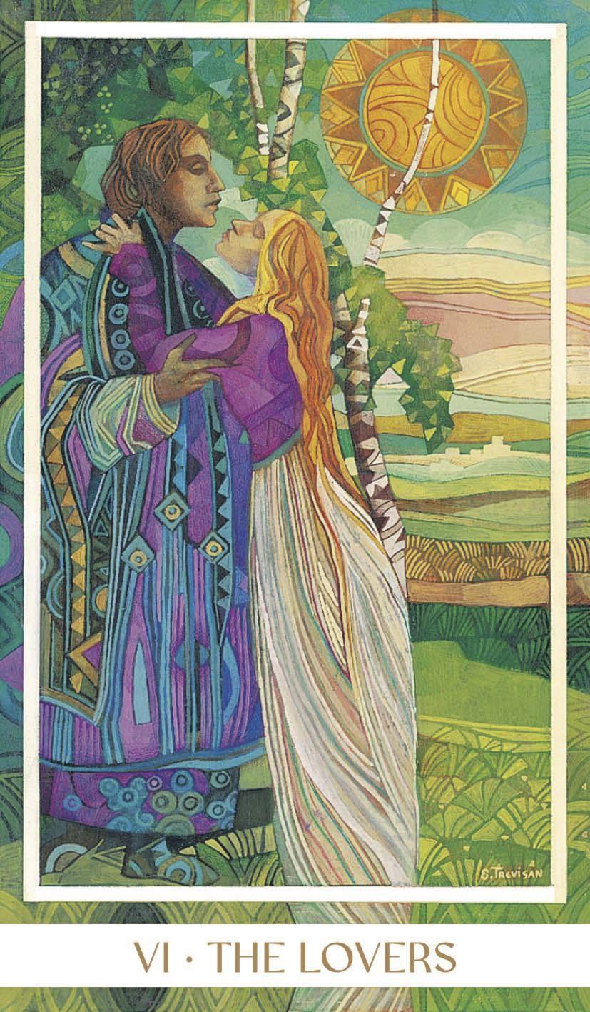 Tarot card titled 'The Lovers' with two people embracing in a forest setting.