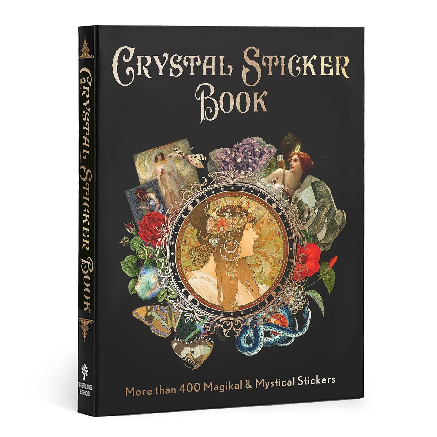 Crystal Sticker Book with decorative cover featuring a woman's face and crystals on a black background