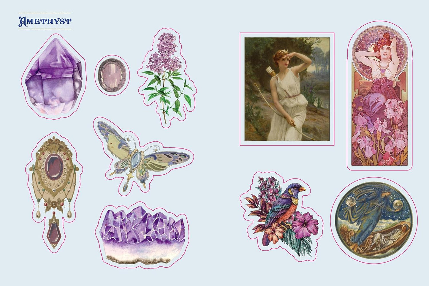 Collection of vintage-style illustrations including crystals, flowers, and a woman in nature. Crystal sticker book