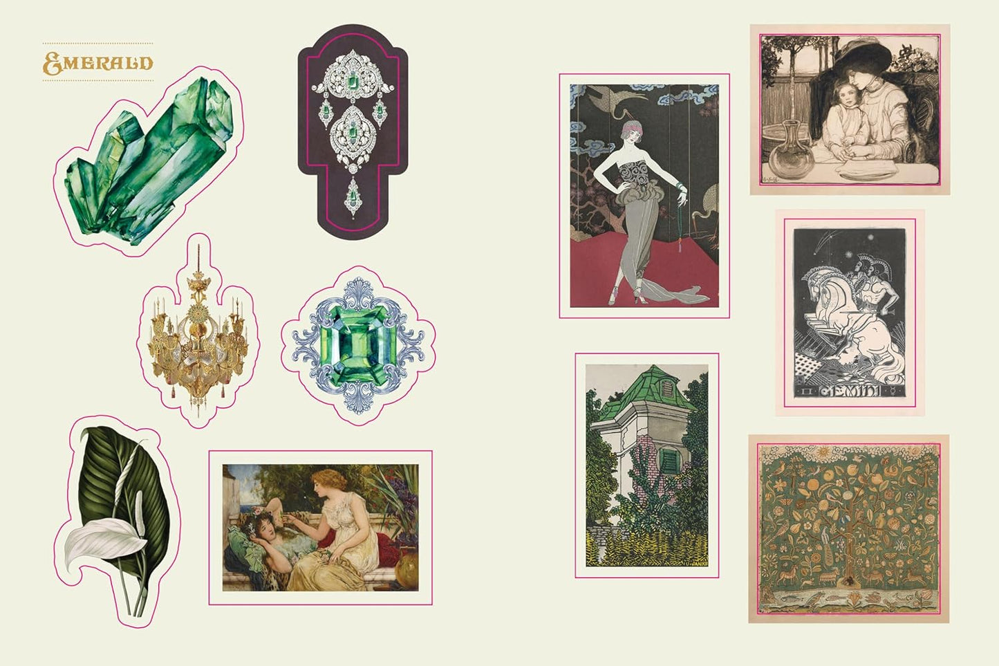 Collection of vintage-style illustrations featuring emeralds and women in elegant poses on a beige background. Crystal sticker book